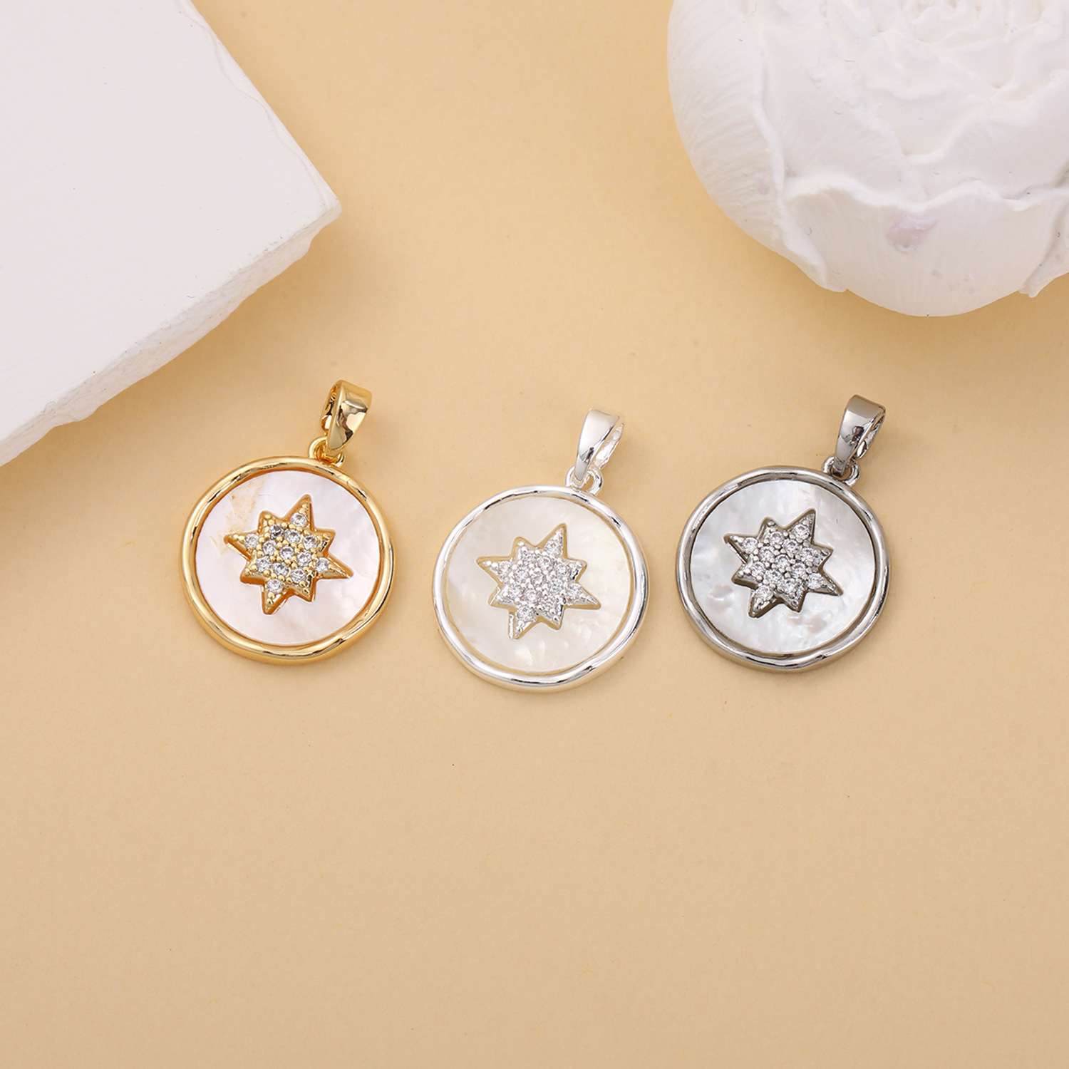 18K包金八芒星万能扣吊坠质感DIY高保色珍珠母贝天然白贝单项坠 