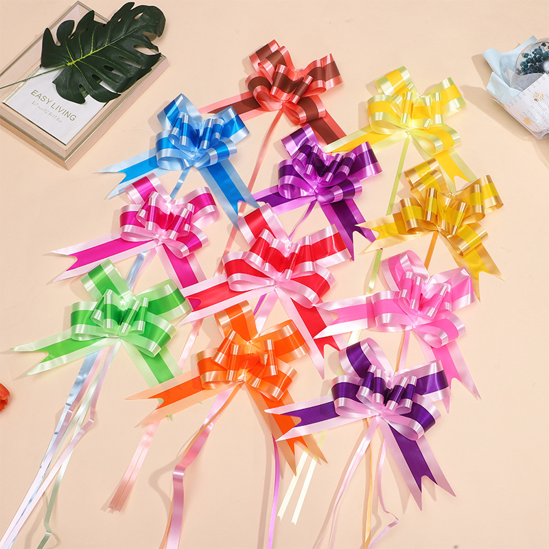 批发婚车装饰拉花45大号蝴蝶结手拉花 双色直条结婚倒车镜拉花 礼品礼被装饰彩条拉花 厂家直销 手拉花礼品 