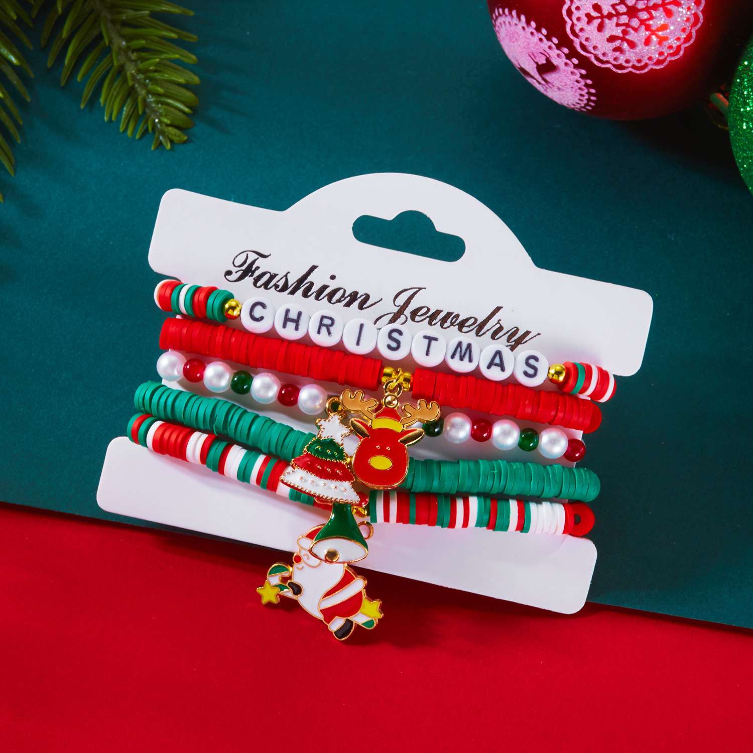 New Christmas multi-layer layered bracelet set, personalized colorful soft clay crystal bracelet, elastic rope holiday bracelet Specification image