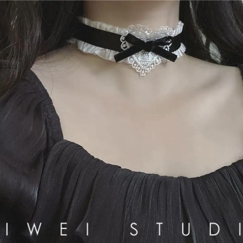 Black and white lolita (Retro girl heart bow lace neck strap, neck ring, black collar Lolita necklace) Black and white Lolita (retro girl heart bow lace neck strap, neck ring, black collar lo detail image 6