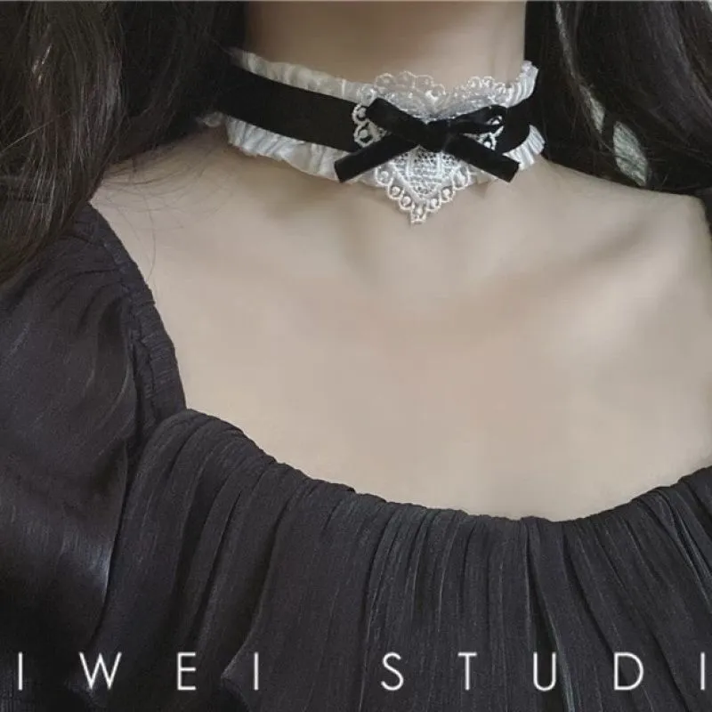 Black and white lolita (Retro girl heart bow lace neck strap, neck ring, black collar Lolita necklace) Black and white Lolita (retro girl heart bow lace neck strap, neck ring, black collar lo detail image 2