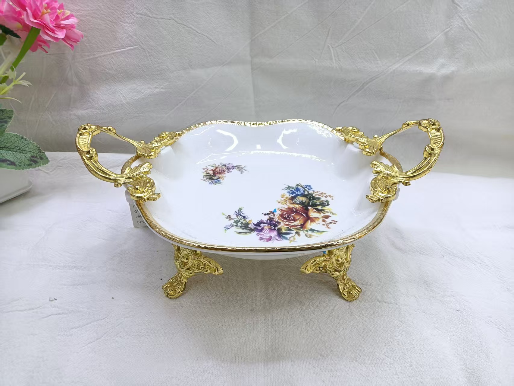 创意陶瓷描金果盘收纳装饰水果盘陶瓷工艺盘子