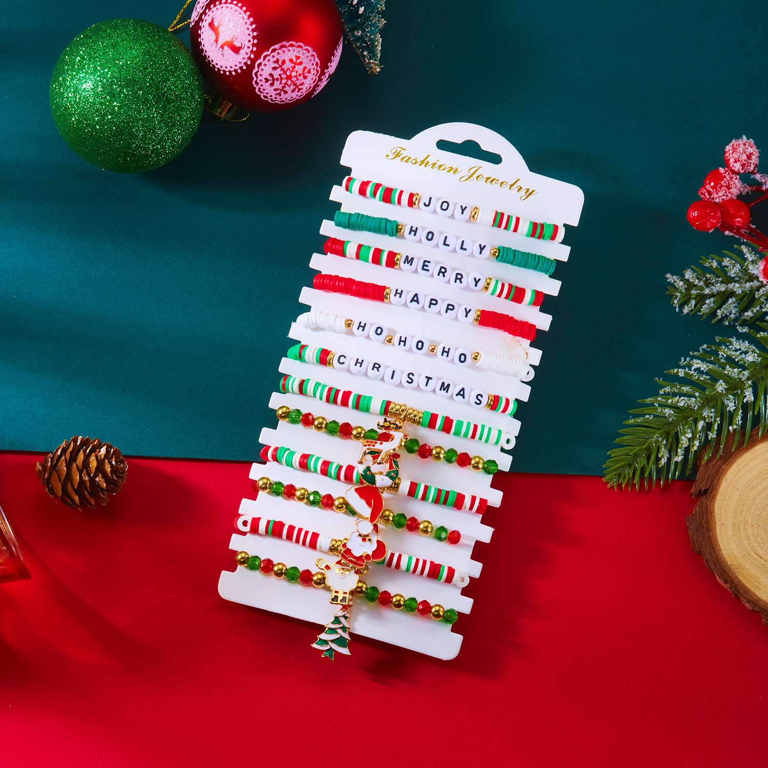 New Christmas multi-layer layered bracelet set, personalized colorful soft clay crystal bracelet, elastic rope holiday bracelet details Picture