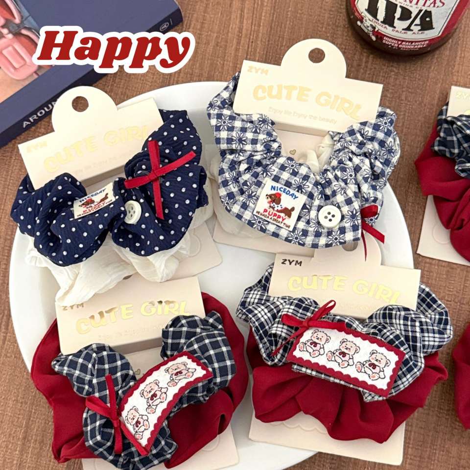 Retro bear fabric label hair tie, academic style patterned fabric large intestine hair band, versatile hair tie for girls, ponytail hair accessory, women's patchwork Korean version detail image 2