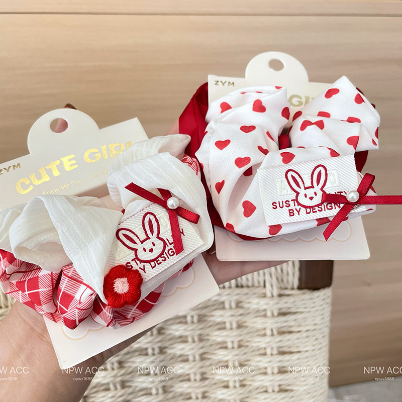 Wholesale of new hair accessories for girls and students: Red series, large cloth label, cherry hair tie, headband, ponytail tie, leather band, two-piece set, and red series hair tie detail image 10