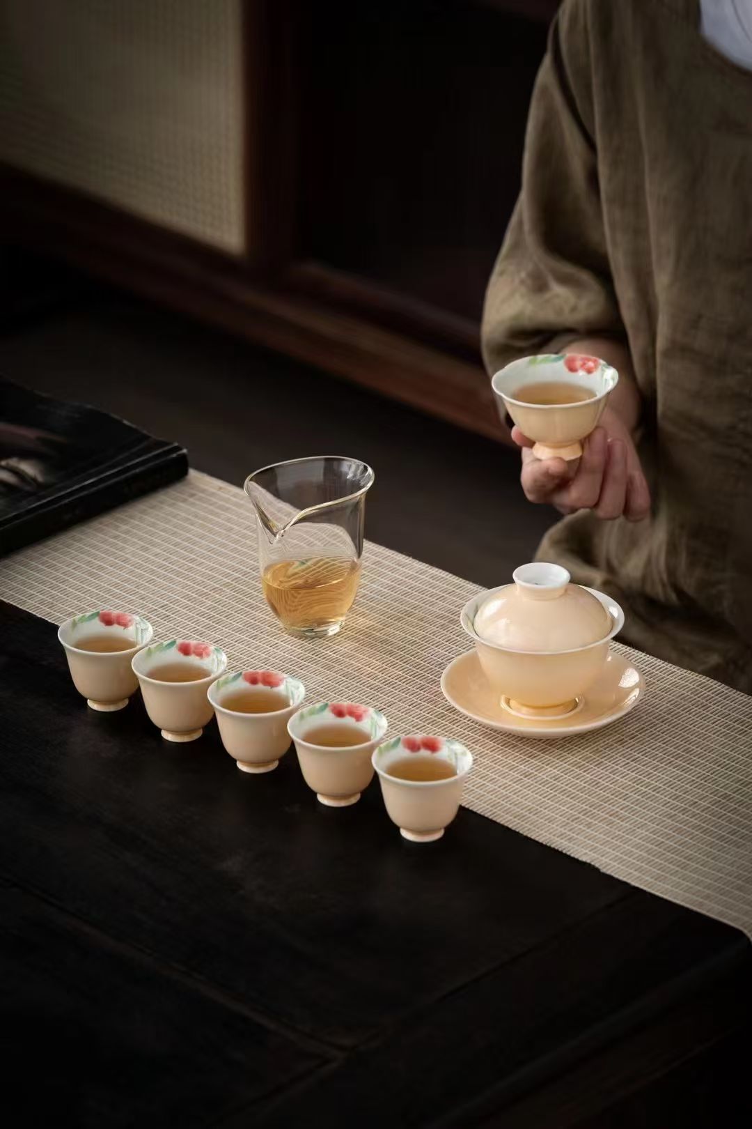 白瓷手绘寿桃姜黄系列8头套组配礼盒商务礼品茶具套装详情1