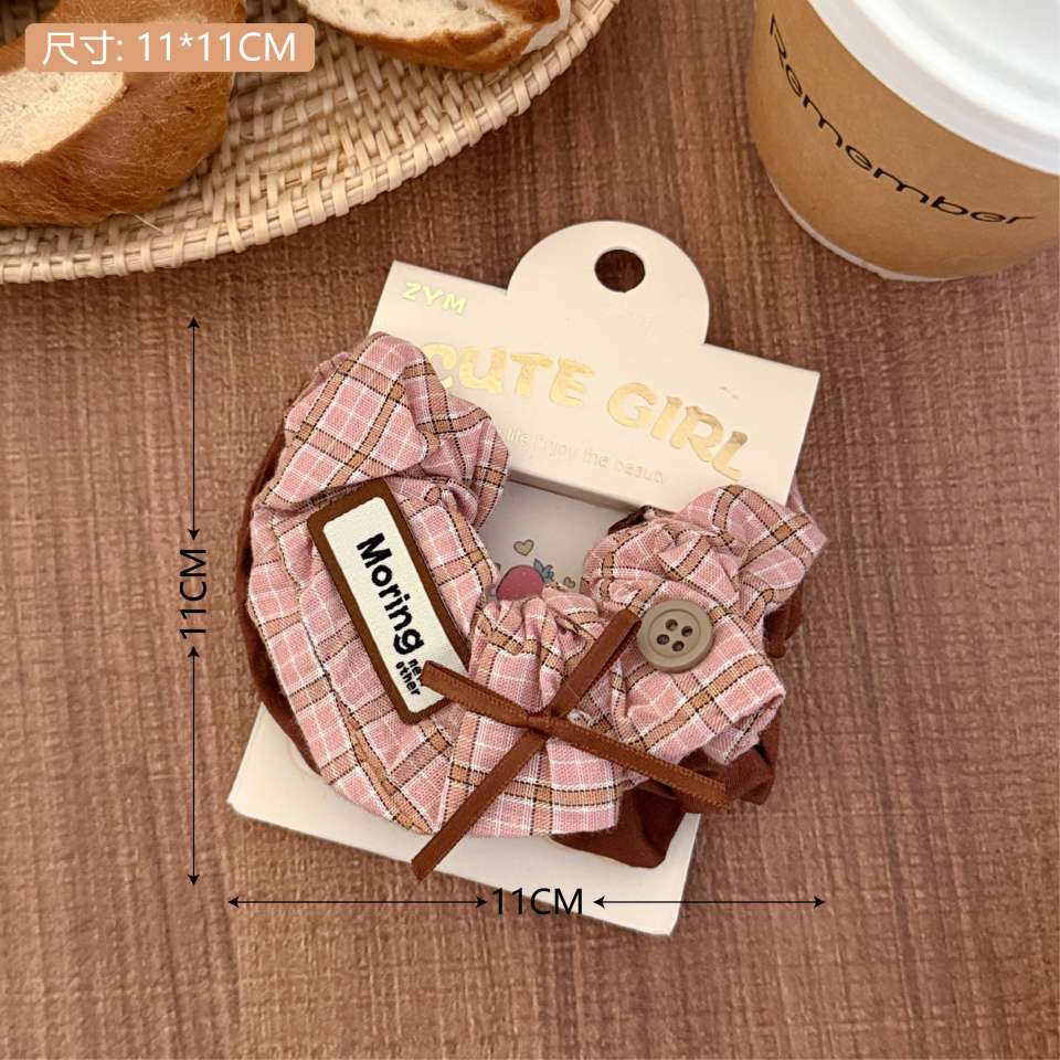 Retro bear fabric label hair tie, academic style patterned fabric large intestine hair band, versatile hair tie for girls, ponytail hair accessory, women's patchwork Korean version detail image 6