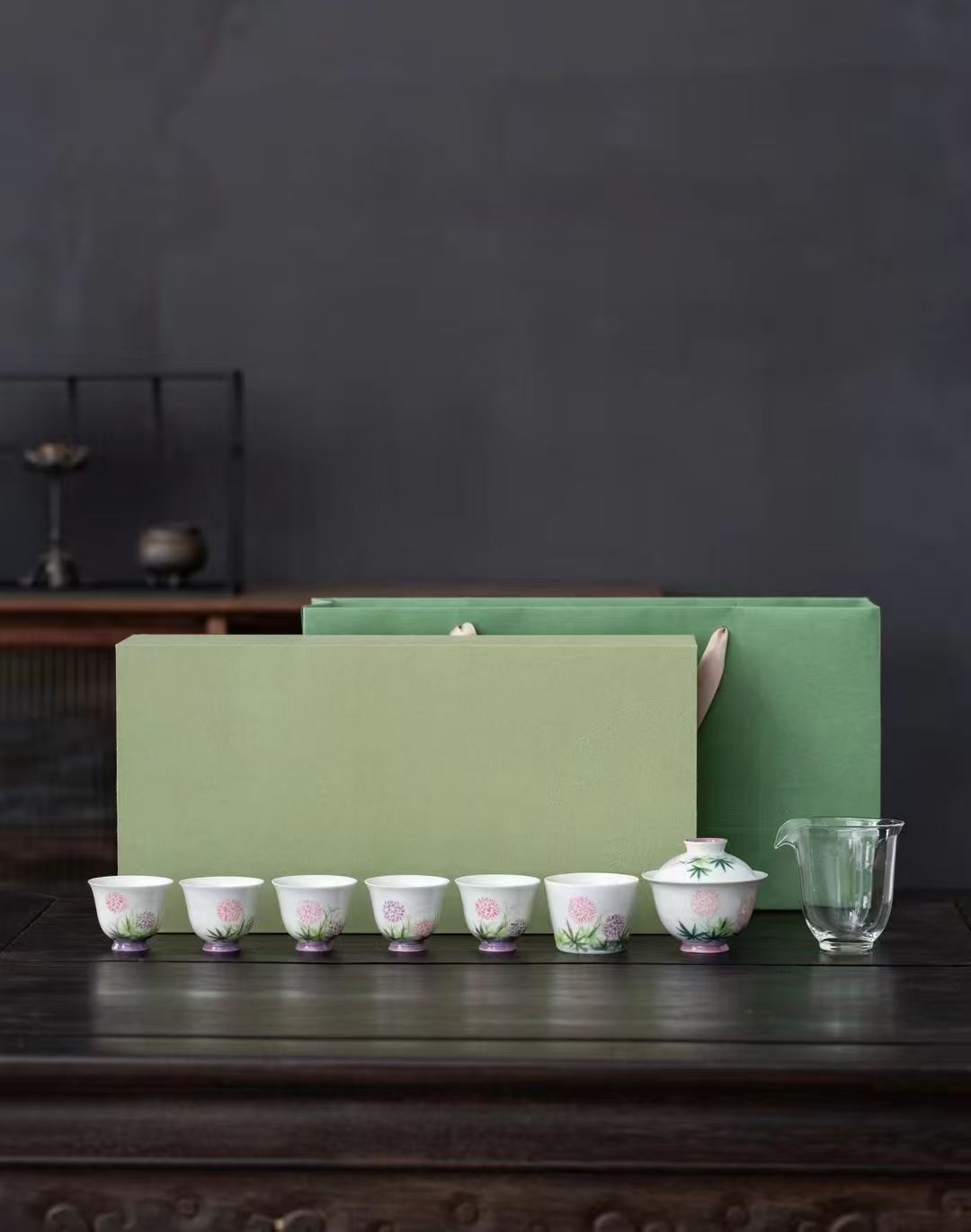 中国茶具白瓷手绘梦蝶花系列8头套组配礼盒商务礼品