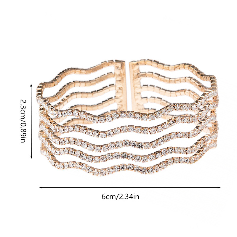 Korean InS-style fashionable 5-row wide and thick wavy diamond-encrusted shiny bracelet, elegant and feminine water diamond elastic opening adjustable hand accessory Item Picture