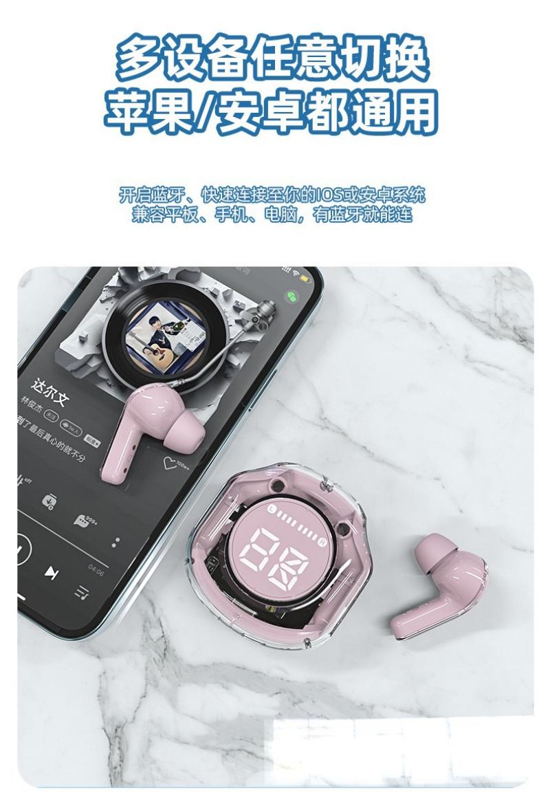 新款透明数显air31蓝牙耳机无线双边立体声入耳式 超长续航大电量  粉色