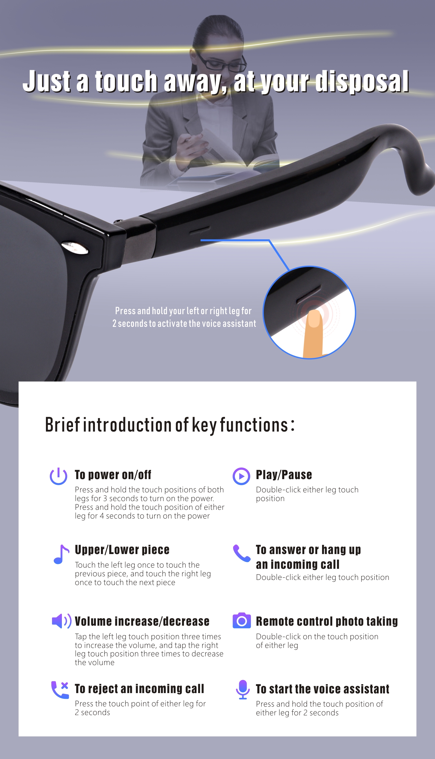 Bluetooth outdoor sound control smart glasses GM7-A1A2 for making and receiving calls and listening to music Item Picture