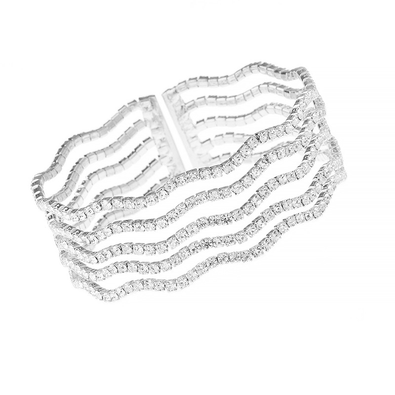 Korean InS-style fashionable 5-row wide and thick wavy diamond-encrusted shiny bracelet, elegant and feminine water diamond elastic opening adjustable hand accessory Specification drawing