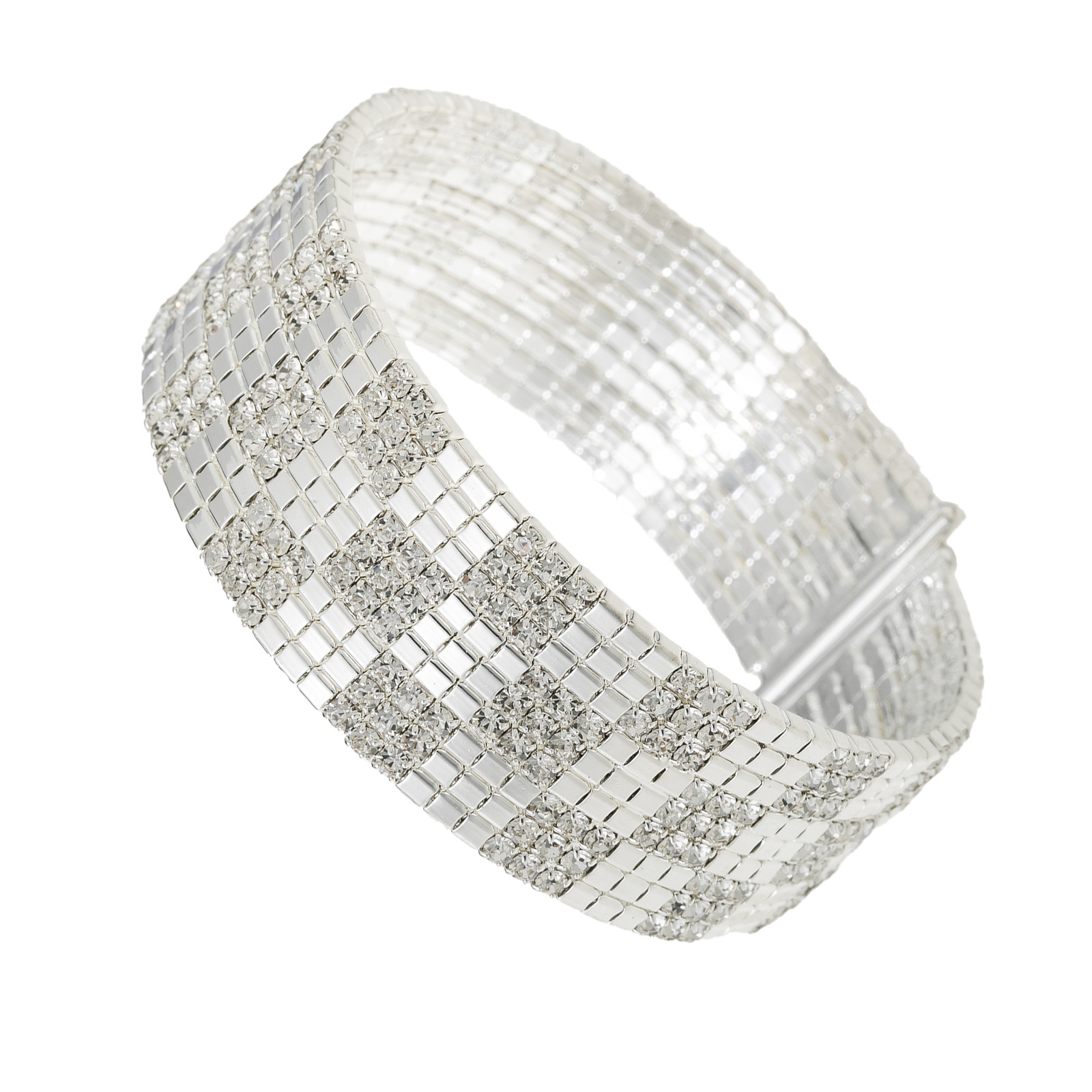 European and American fashion design sense checkered shape open multi-row water diamond bracelet for women's dance performance 9-layer elastic jewelry wholesale Item Picture