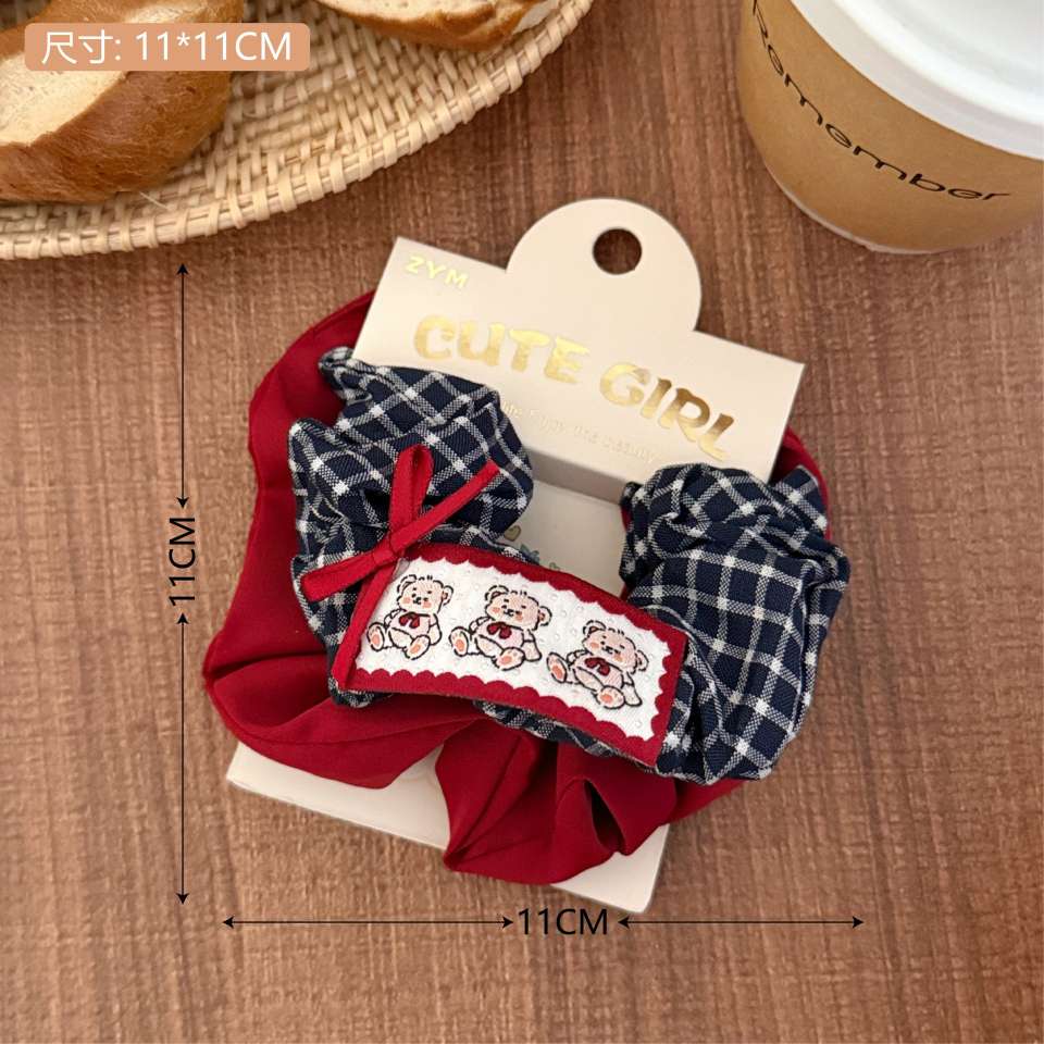 Retro bear fabric label hair tie, academic style patterned fabric large intestine hair band, versatile hair tie for girls, ponytail hair accessory, women's patchwork Korean version detail image 11