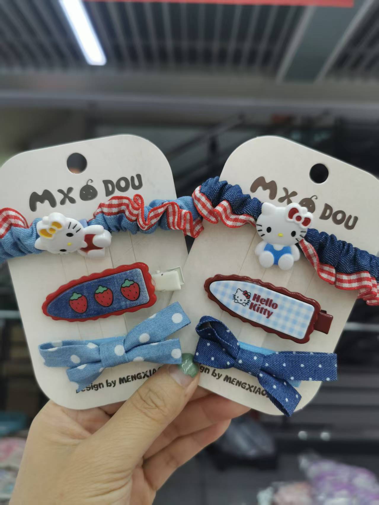 2025新款牛仔系儿童三件套发圈发夹可爱猫咪压夹布艺发夹儿童夏季可爱汉服假发发饰母婴用品宝宝连帽卡通详情图2