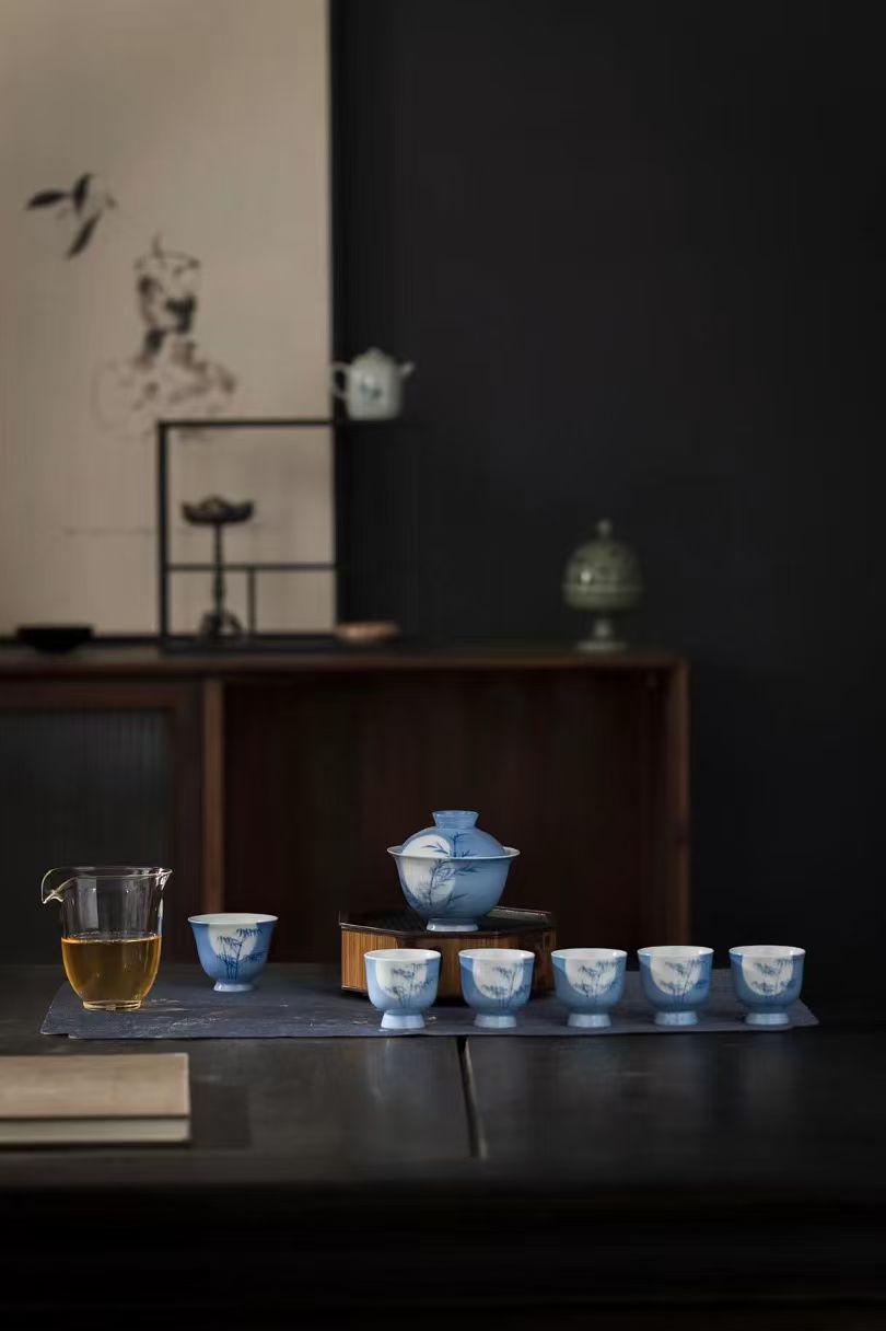 中国茶具白瓷手绘秋风晚月蓝竹系列8头套组配礼盒商务礼品