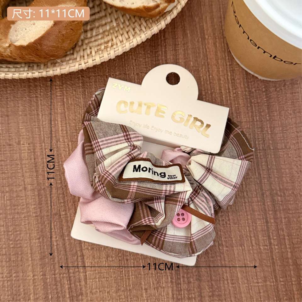 Retro bear fabric label hair tie, academic style patterned fabric large intestine hair band, versatile hair tie for girls, ponytail hair accessory, women's patchwork Korean version detail image 9