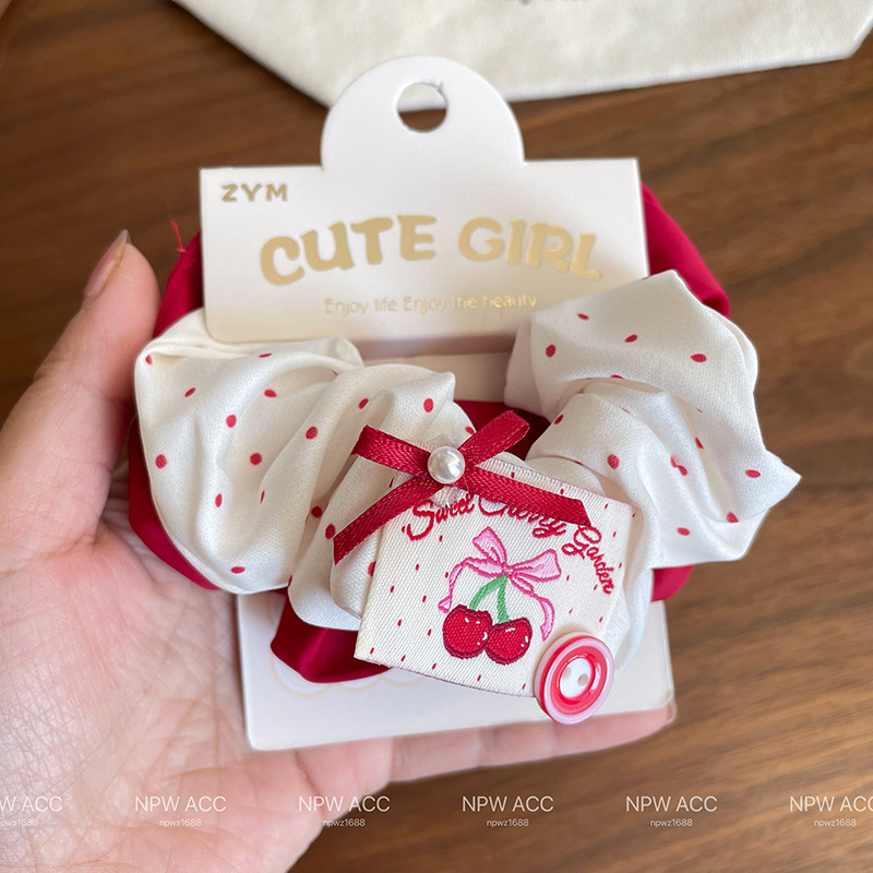 Wholesale of new hair accessories for girls and students: Red series, large cloth label, cherry hair tie, headband, ponytail tie, leather band, two-piece set, and red series hair tie detail image 11