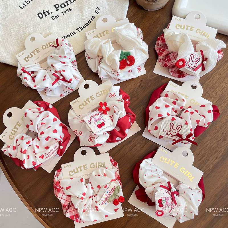 Wholesale of new hair accessories for girls and students: Red series, large cloth label, cherry hair tie, headband, ponytail tie, leather band, two-piece set, and red series hair tie