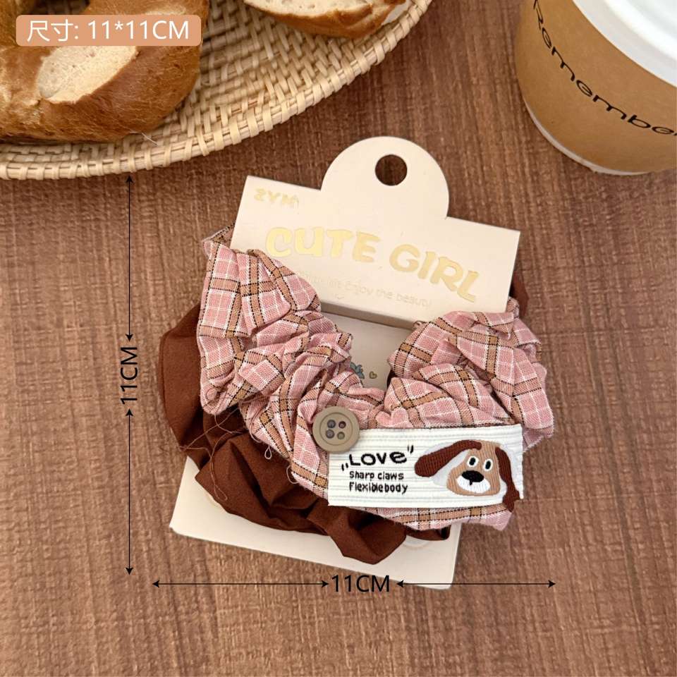 Retro bear fabric label hair tie, academic style patterned fabric large intestine hair band, versatile hair tie for girls, ponytail hair accessory, women's patchwork Korean version detail image 4