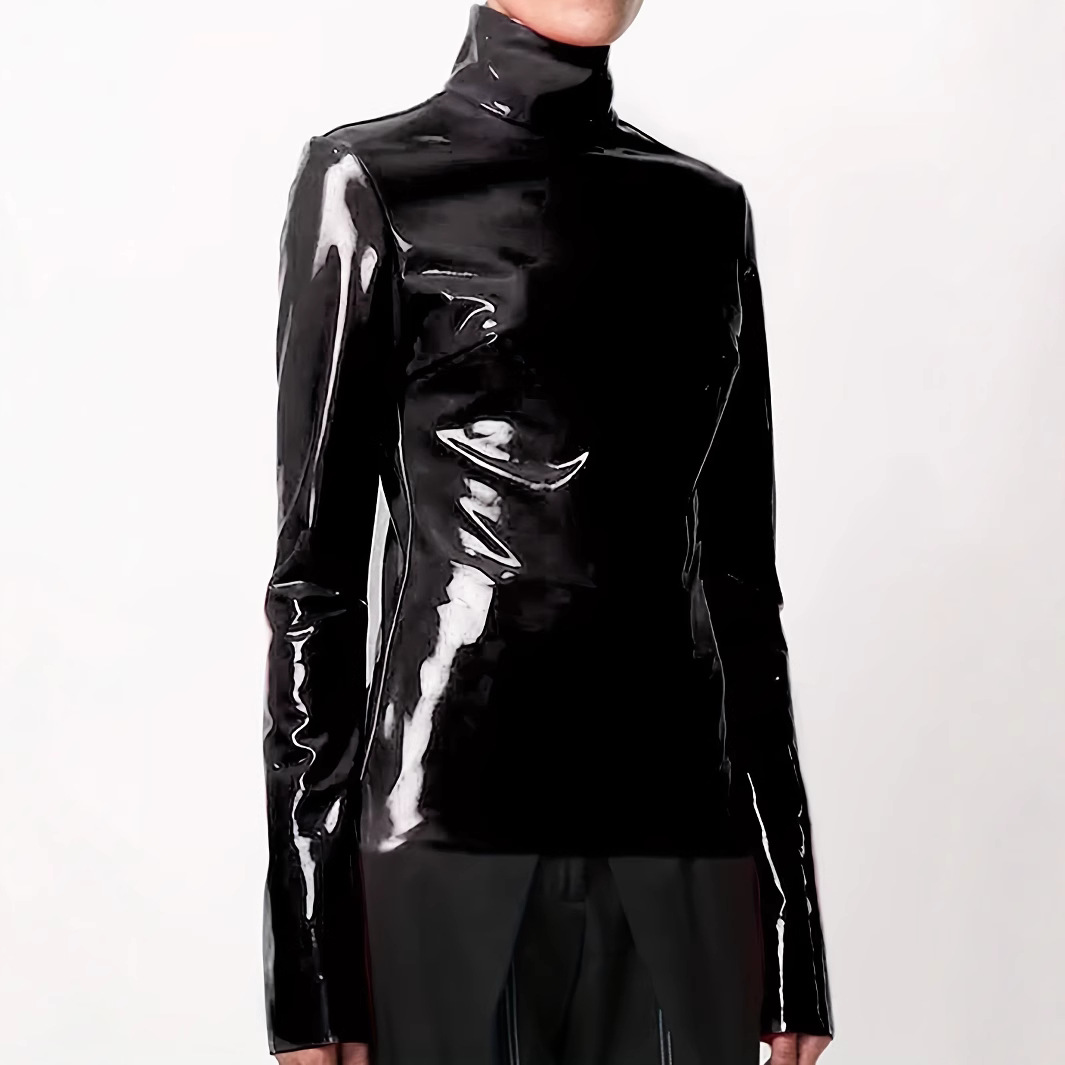 源头专业生产皮面工厂pu皮大码上衣女欧美女装wish亮面漆皮夜店拉链t恤支持定制贴牌加工跨境亚马逊速卖通稀音皮衣图