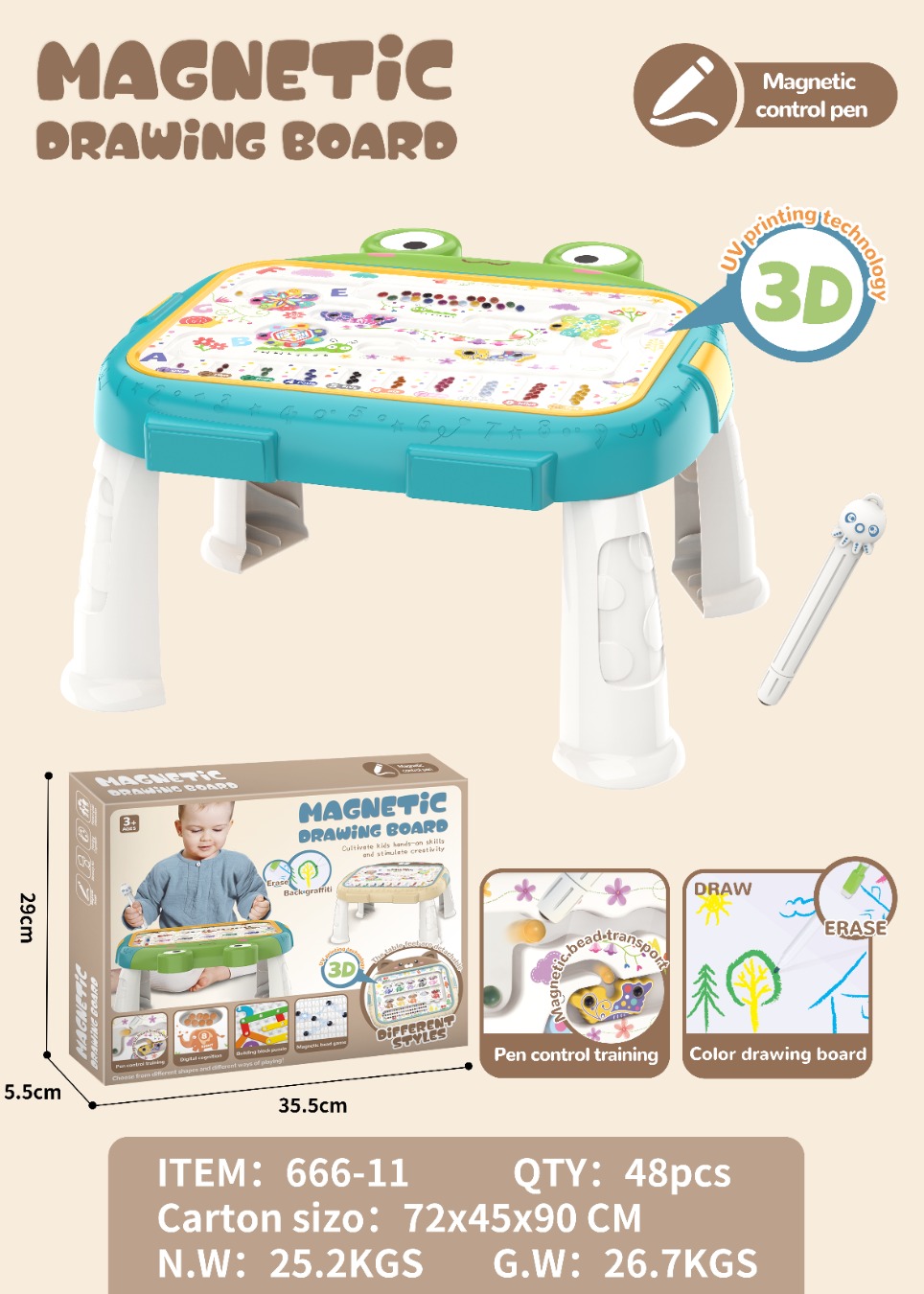 TK53248益智多功能   磁性运笔画板（青蛙款）   带桌脚和写字板详情1