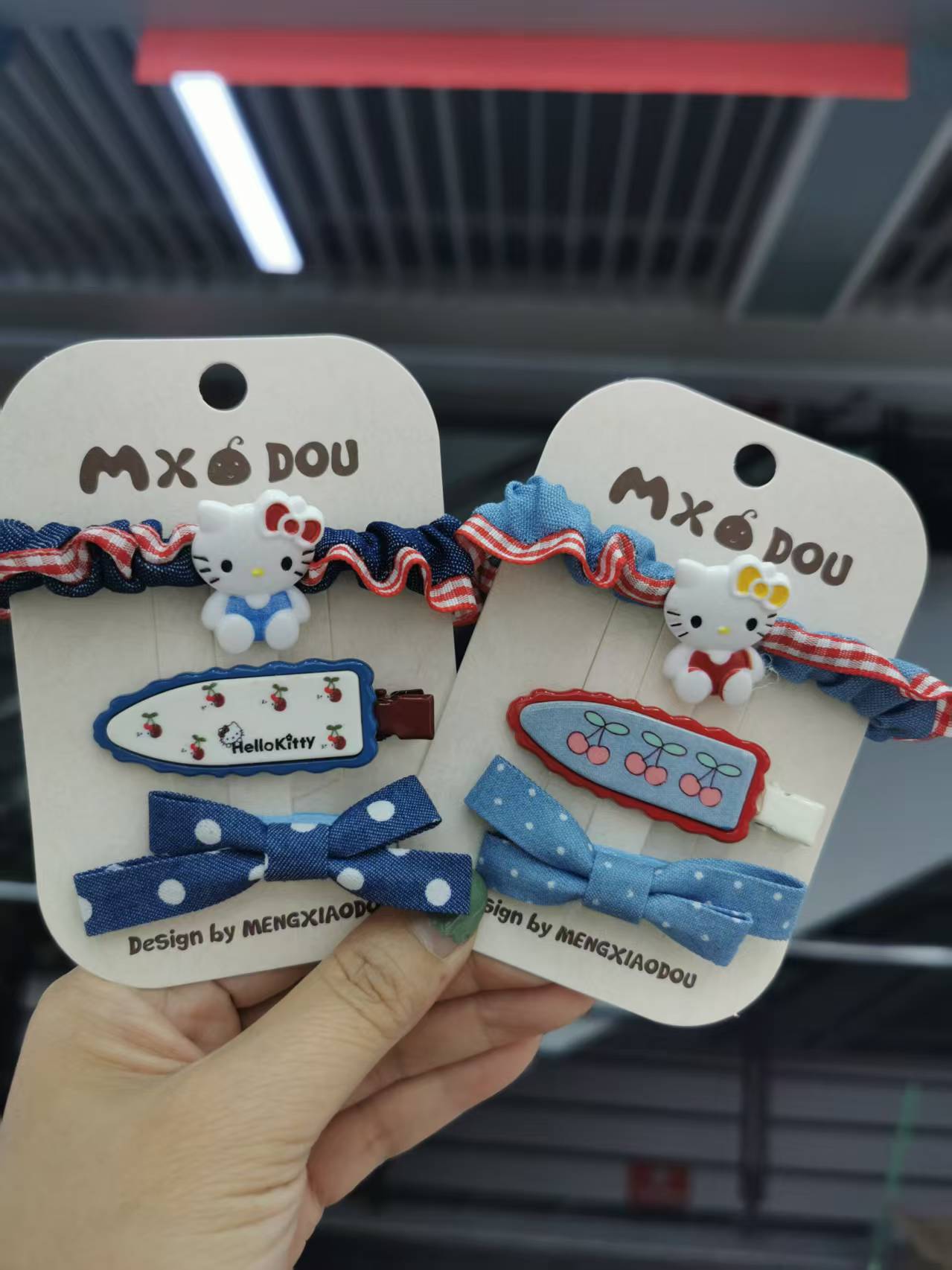 2025新款牛仔系儿童三件套发圈发夹可爱猫咪压夹布艺发夹儿童夏季可爱汉服假发发饰母婴用品宝宝连帽卡通