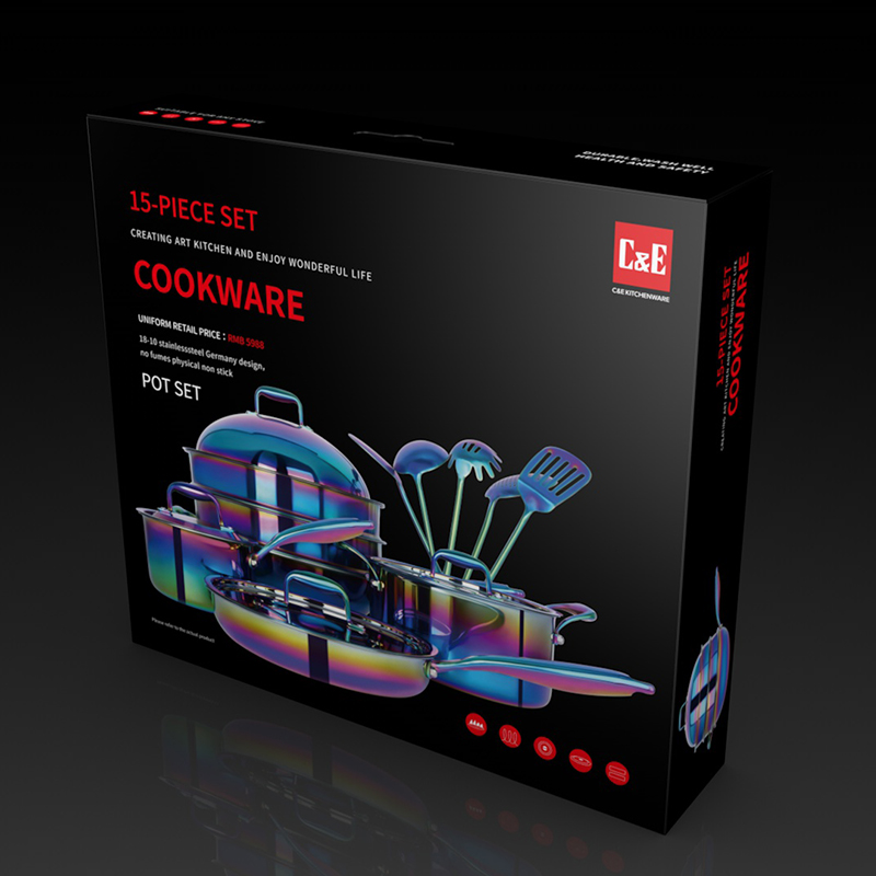 C&E创艺炒菜锅煎炸焖煮炖炫彩15件套不锈钢锅具厨房用品家用礼品