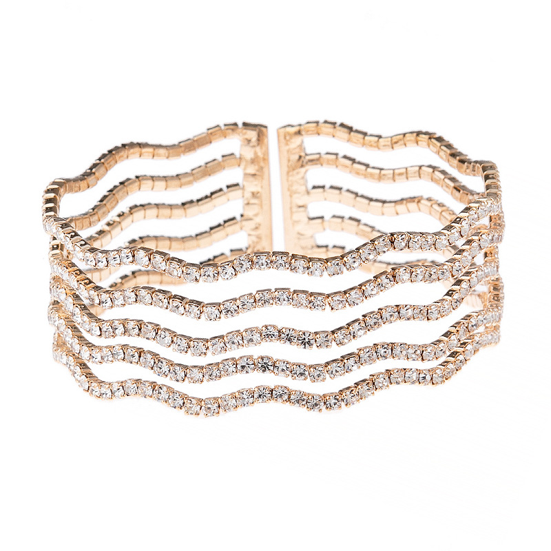 Korean InS-style fashionable 5-row wide and thick wavy diamond-encrusted shiny bracelet, elegant and feminine water diamond elastic opening adjustable hand accessory details Picture
