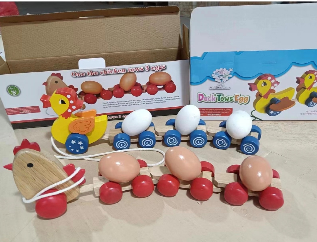 1-3-4-5岁教具团购儿童礼物益智玩具木制拖拉小动物小鸡拖三蛋