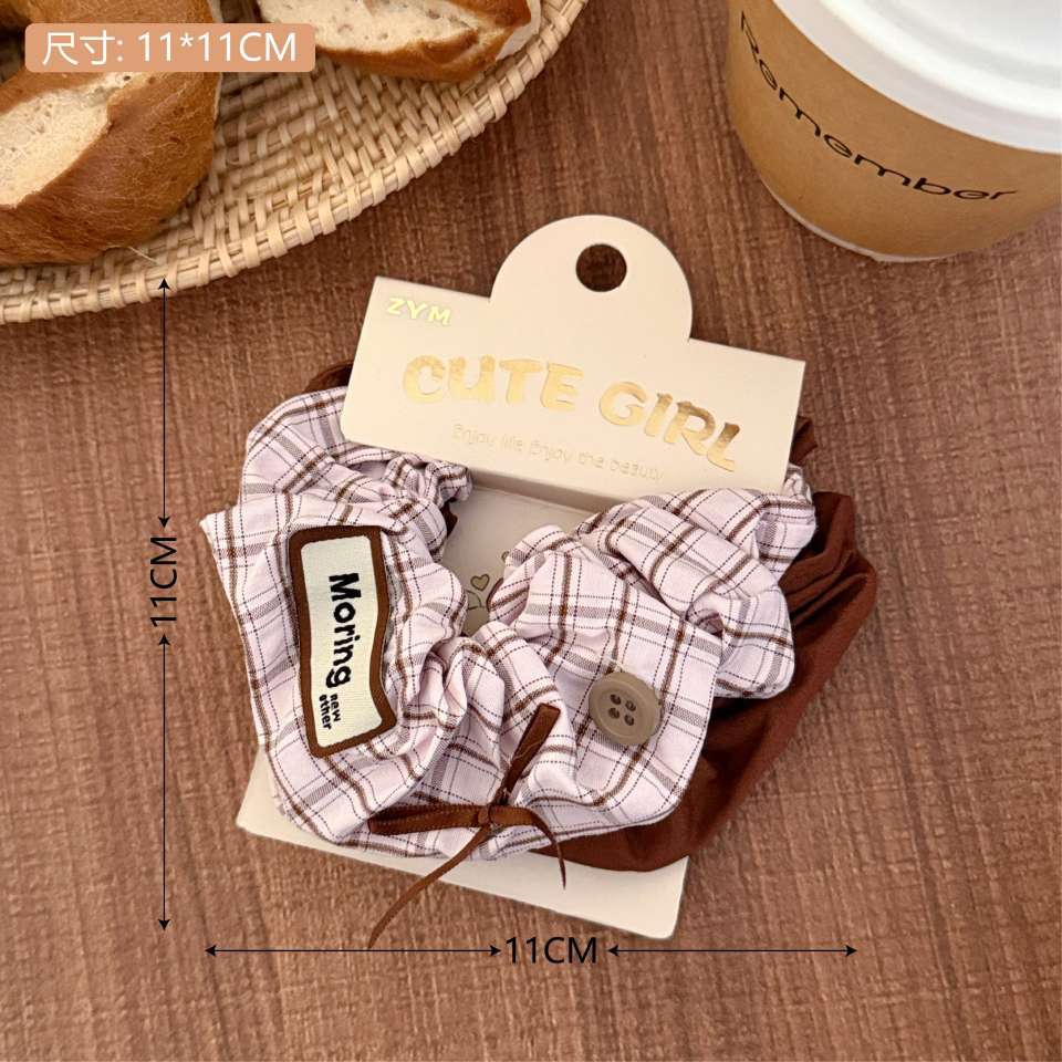 Retro bear fabric label hair tie, academic style patterned fabric large intestine hair band, versatile hair tie for girls, ponytail hair accessory, women's patchwork Korean version detail image 7