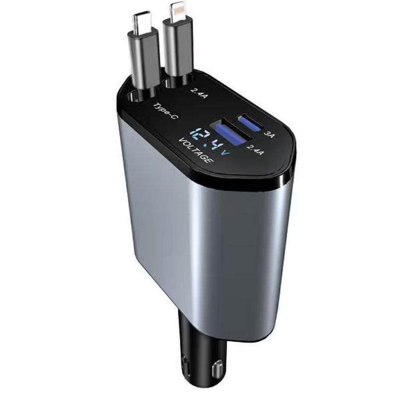 车载手机充电器120W超级快充四合一自带伸缩线车充 通用汽车用品