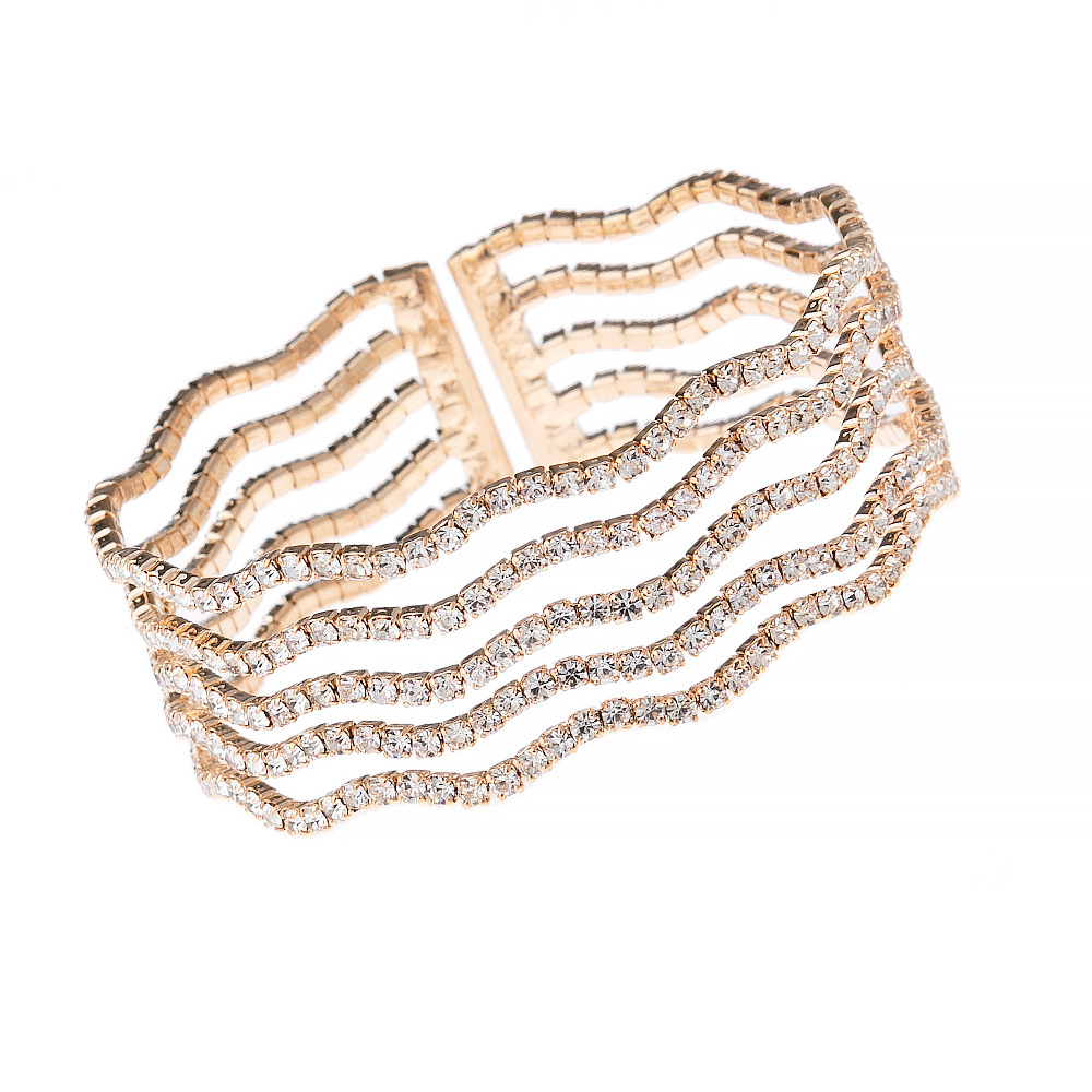 Korean InS-style fashionable 5-row wide and thick wavy diamond-encrusted shiny bracelet, elegant and feminine water diamond elastic opening adjustable hand accessory full figure