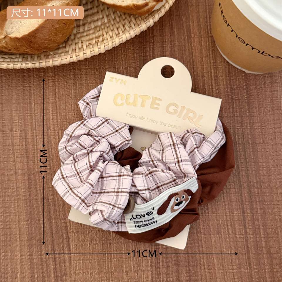 Retro bear fabric label hair tie, academic style patterned fabric large intestine hair band, versatile hair tie for girls, ponytail hair accessory, women's patchwork Korean version detail image 8