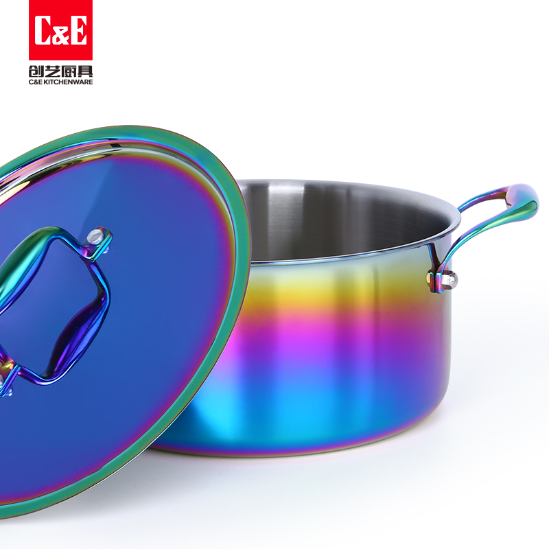 C&E创艺炒菜锅煎炸焖煮炖炫彩15件套不锈钢锅具厨房用品家用礼品细节图