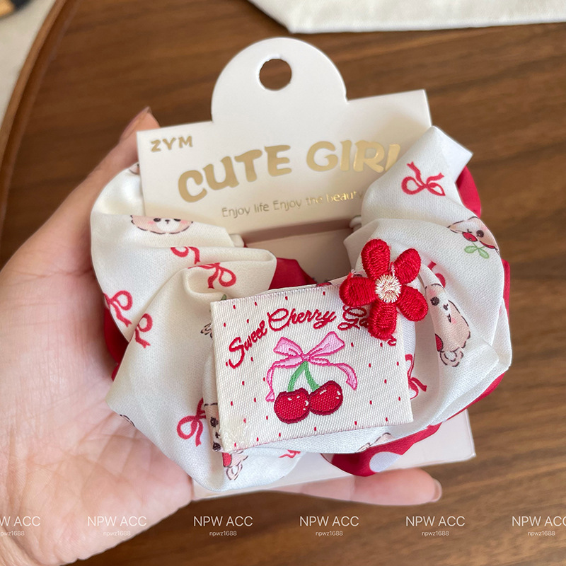 Wholesale of new hair accessories for girls and students: Red series, large cloth label, cherry hair tie, headband, ponytail tie, leather band, two-piece set, and red series hair tie detail image 4