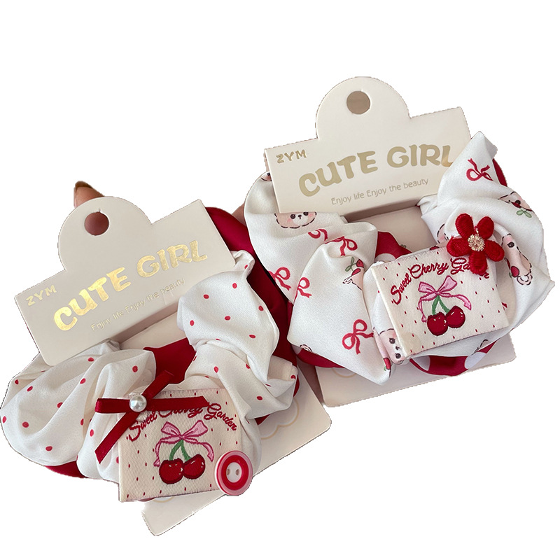 Wholesale of new hair accessories for girls and students: Red series, large cloth label, cherry hair tie, headband, ponytail tie, leather band, two-piece set, and red series hair tie detail image 12