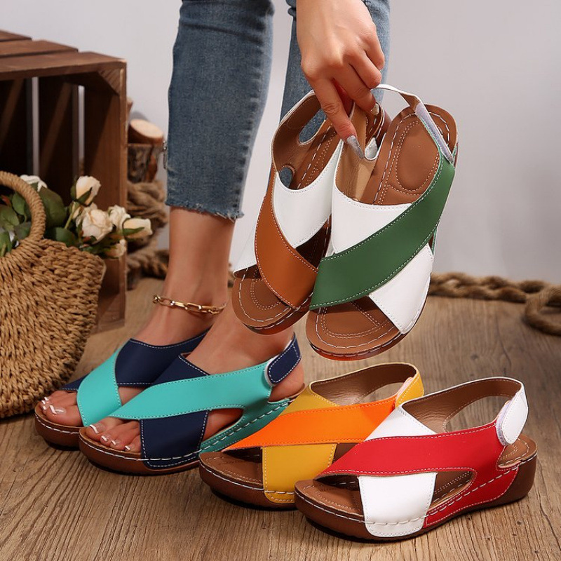 European and American export thick-soled color-blocked Roman sandals for women, cross-border croquet soled Velcro open-toe beach sandals wish full figure