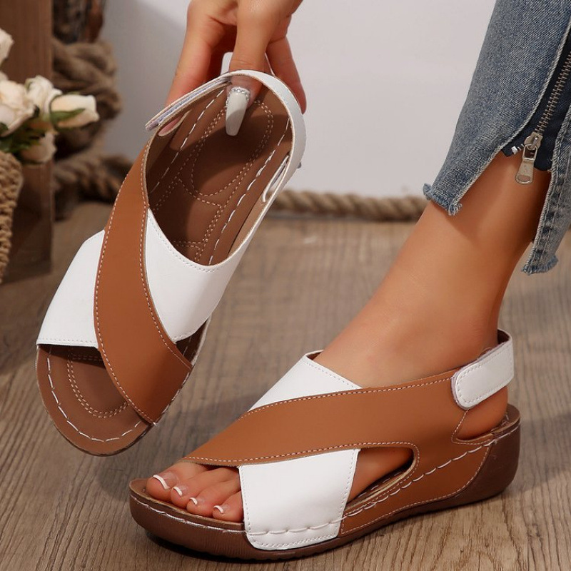 European and American export thick-soled color-blocked Roman sandals for women, cross-border croquet soled Velcro open-toe beach sandals wish Specification drawing