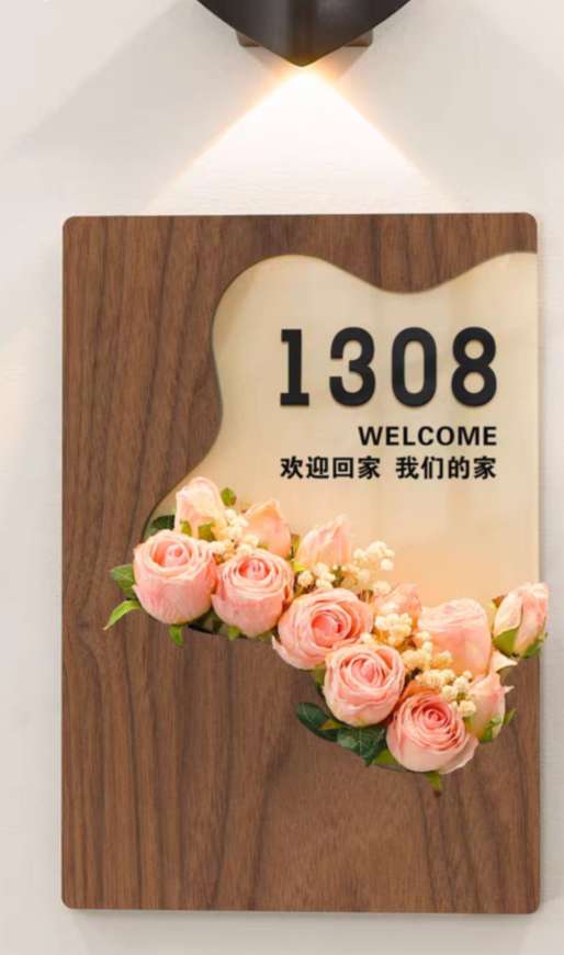 木质门牌装饰挂件带假花带灯入户玄关木夹手工木雕小叶紫檀黄花梨手饰