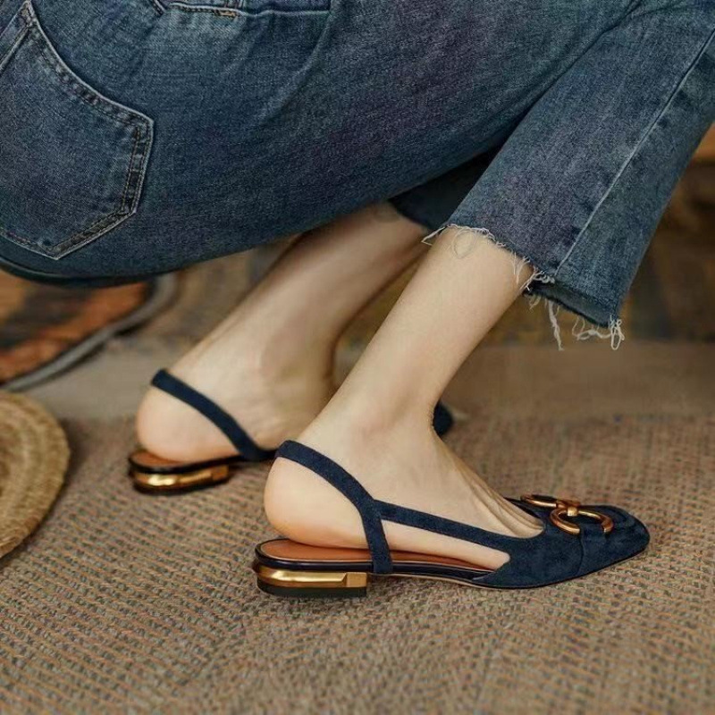French low-heeled retro flip-top sandals for women 2023 Summer new style with a back open horse bit buckle fleece one-strap for women Specification drawing