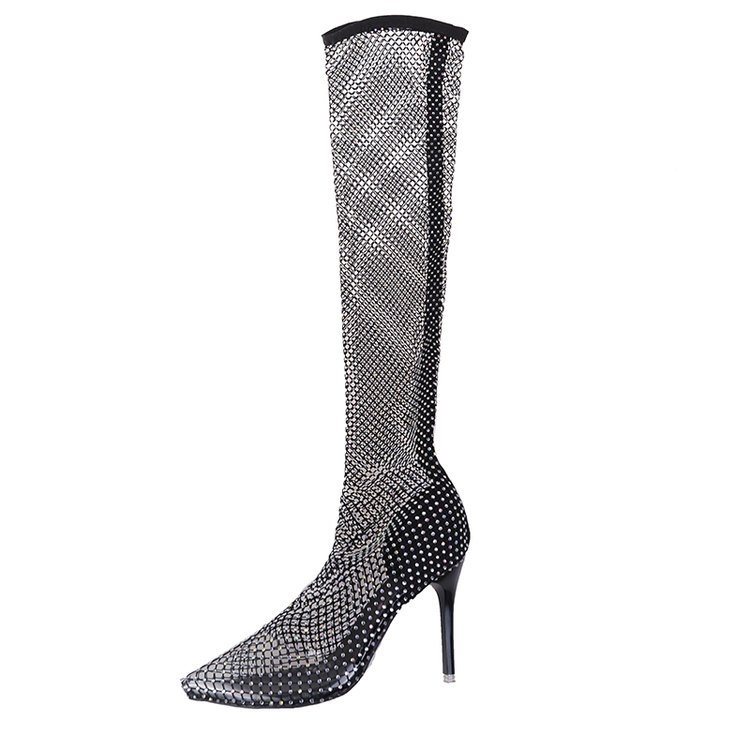 Women's sandals, high heels, 2022 summer European and American sexy thin-heeled net socks, cut-out rhinestone over-the-knee socks boots, ankle boots, cool boots Item Picture
