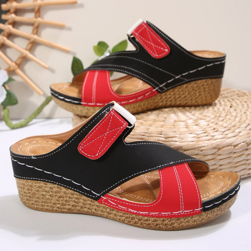 Southeast Asian foreign trade Velcro color-blocked thick-soled slippers for women, cross-border sewn lightweight wedge heel beach sandals Specification drawing