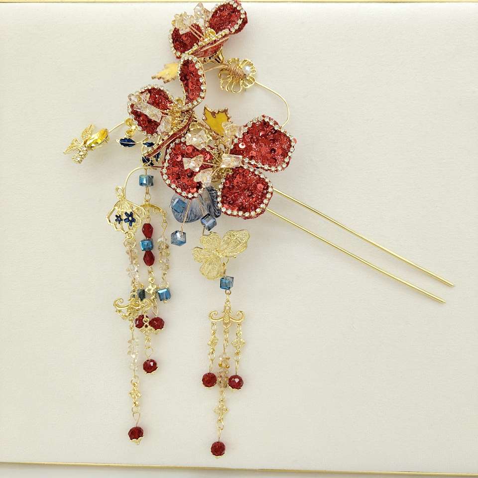 Vermilion flash hairpin, sweet girl 's Chinese style DNA has been activated ✨ vermilion series Chinese style hair accessory set of eight pieces Item Picture