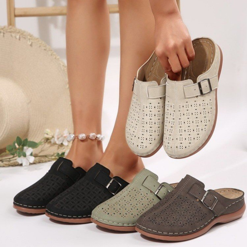 Large-sized Baotou flat-bottom casual half-slipper for women, 2025 new solid color wedge heel metal buckle beach slipper Specification drawing