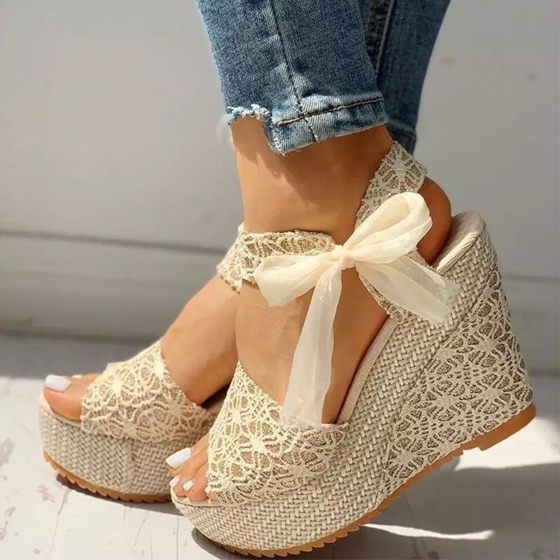2022 Summer New style fashionable wedge heel fish-mouth women's sandals, high-heeled sandals for export, lace-up waterproof platform, thick-soled sandals details Picture