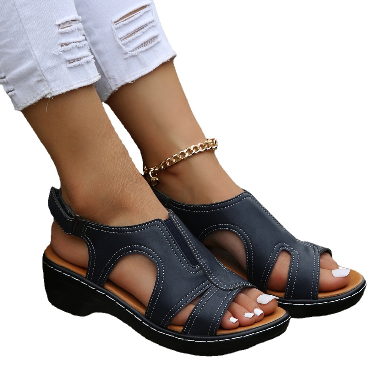 2024 Summer new style European and American sandals for women: Velcro stitching, hollowed-out thick-soled and large-sized open-toe casual sandals for women Item Picture