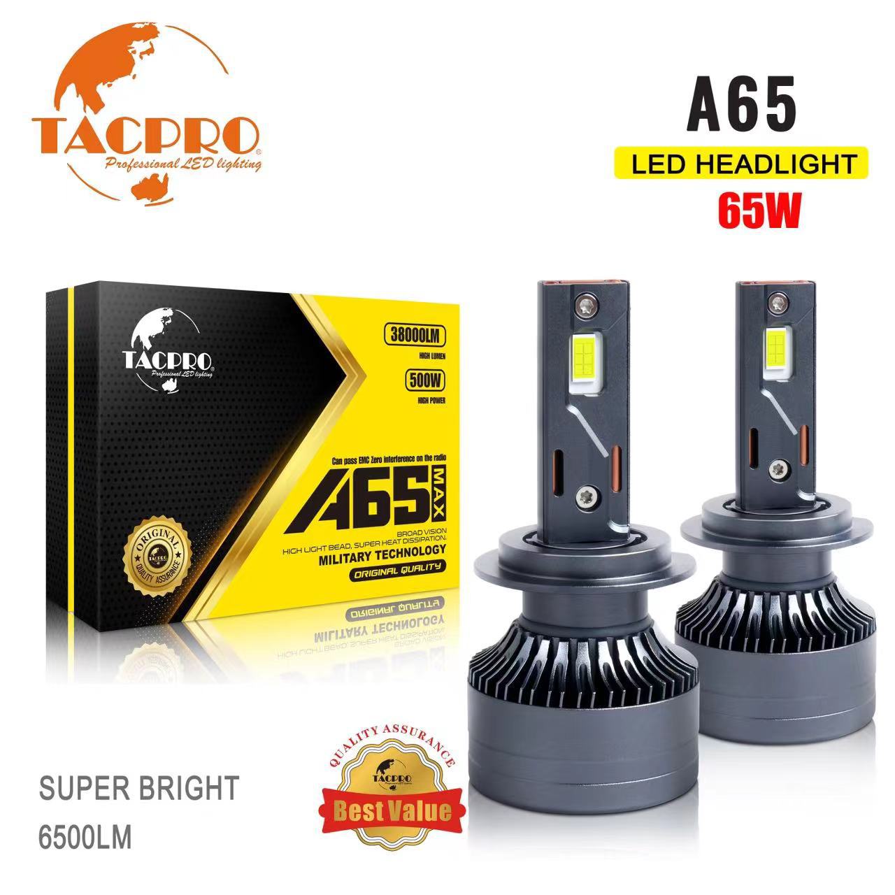 TACPRO汽车LED大灯超亮远近光灯强光远近H1 H3 汽车前大灯 汽车灯65W汽车灯泡 A65新款