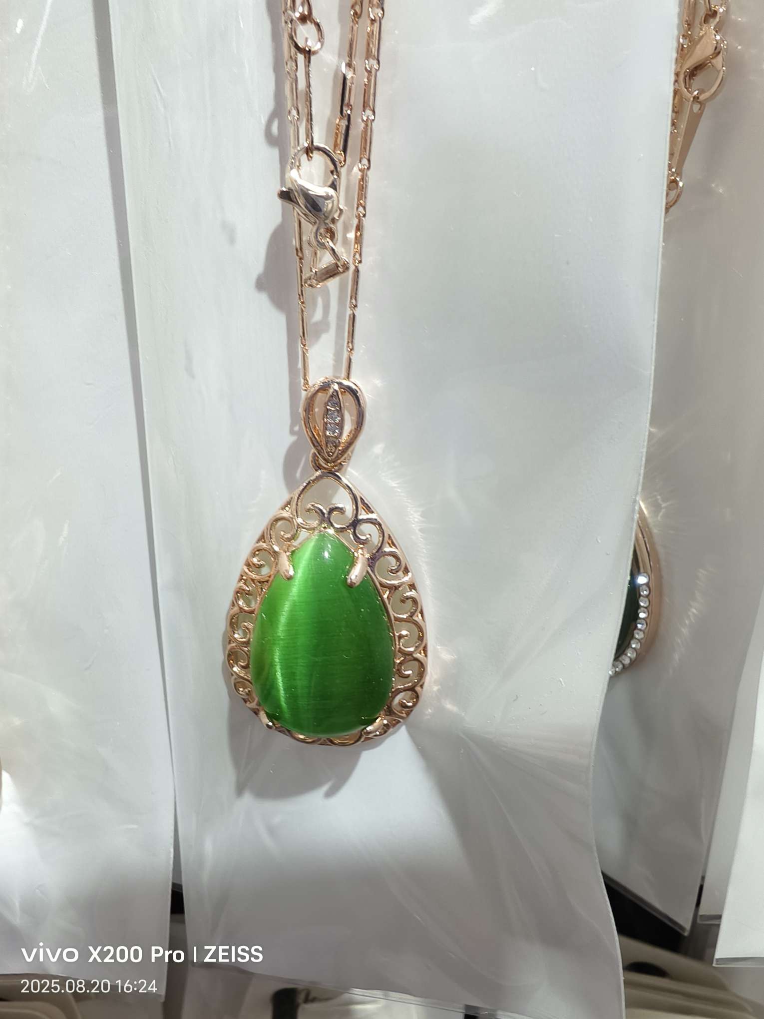 项链玫瑰金绿猫眼镀真22k金项链