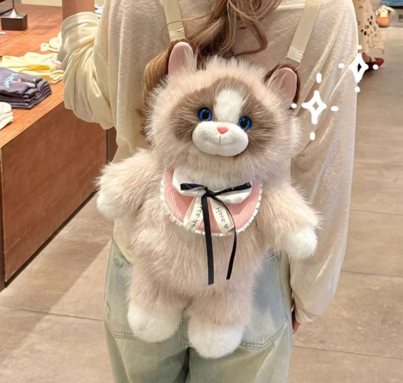 Cute bib stuffed cat backpack details Picture